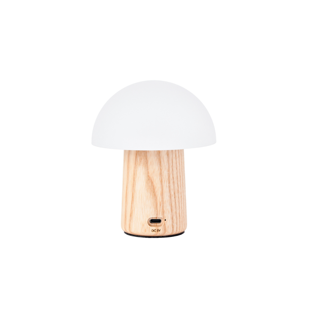 A mushroom shaped light with a wooden base on a white background.