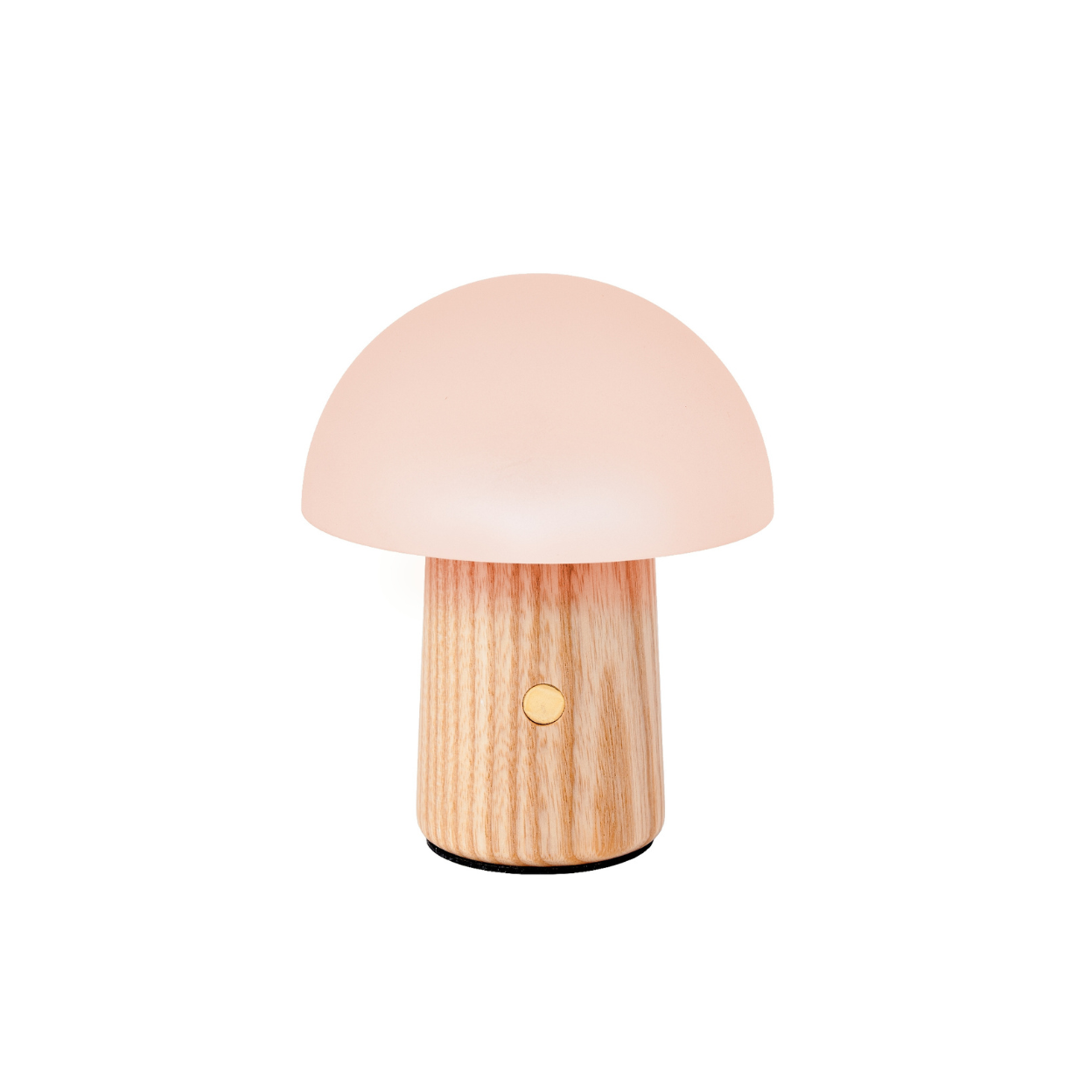 A mushroom shaped light with a wooden base on a white background.
