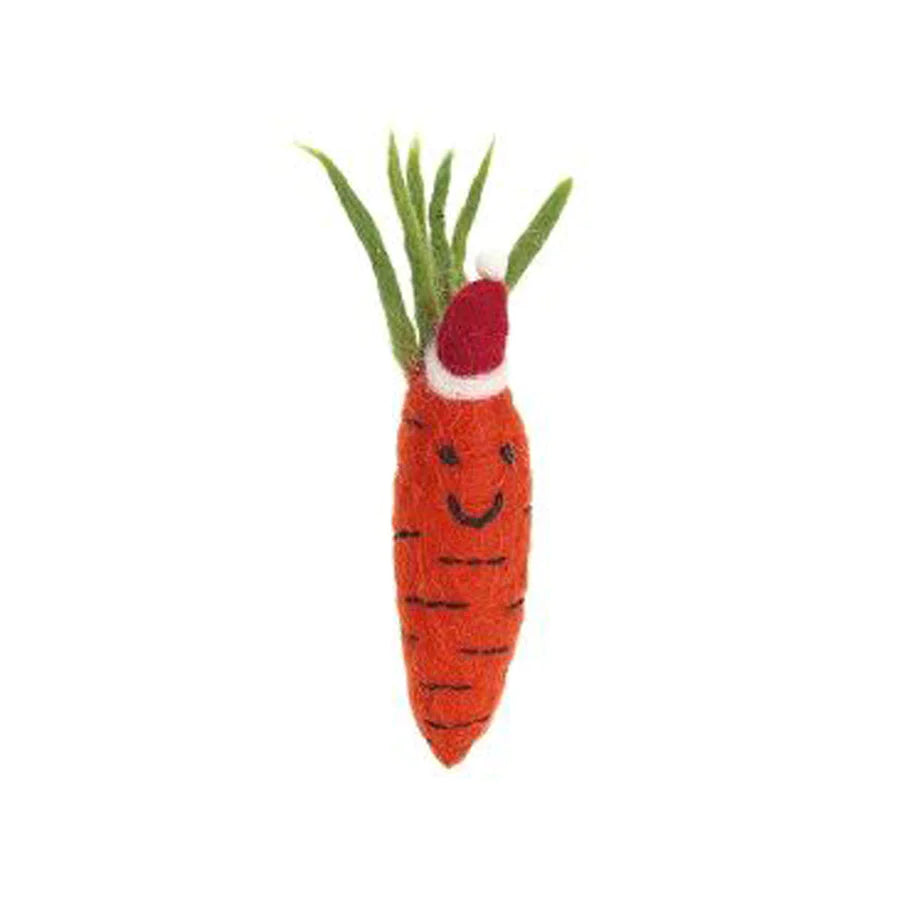 Wool felt decoration resembling a carrot with a Christmas hat, primarily in orange and red colours.