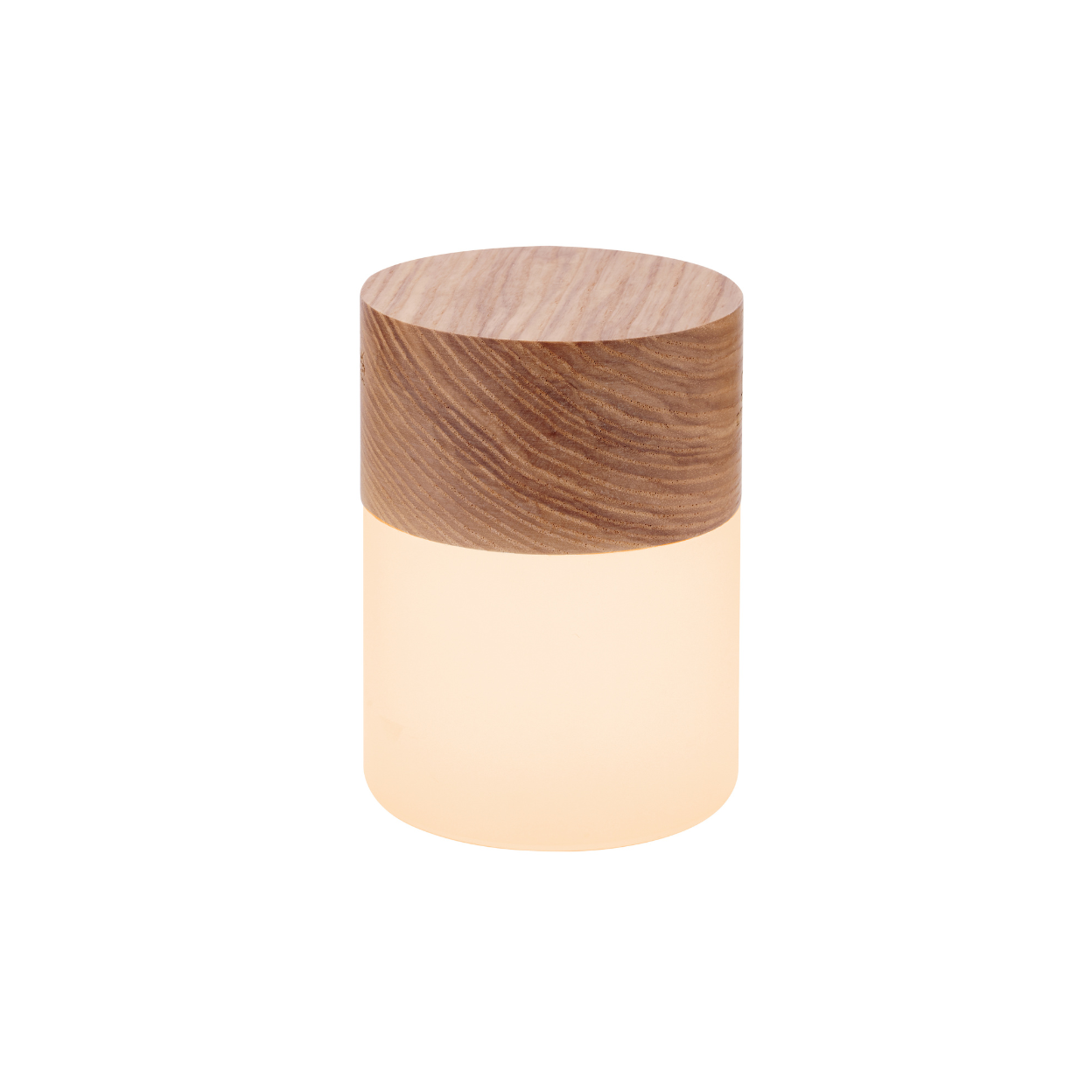 A cylindrical table lamp with a wooden top and frosted acrylic glass shade on white background.