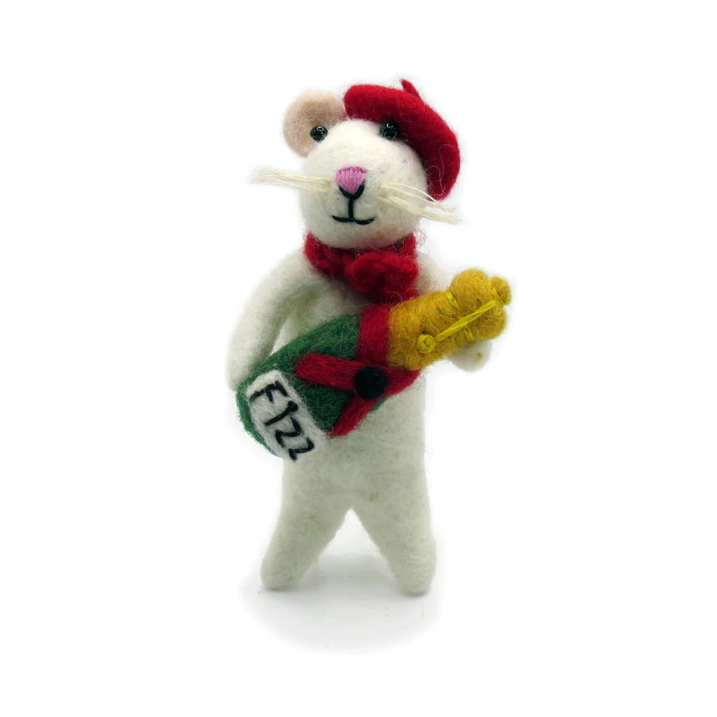 A felt white mouse decoration with a red scarf and beret, holding a green bottle of fizzy drink.