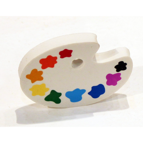 An eraser in the shape of an artist palette with rainbow coloured patches of paint.