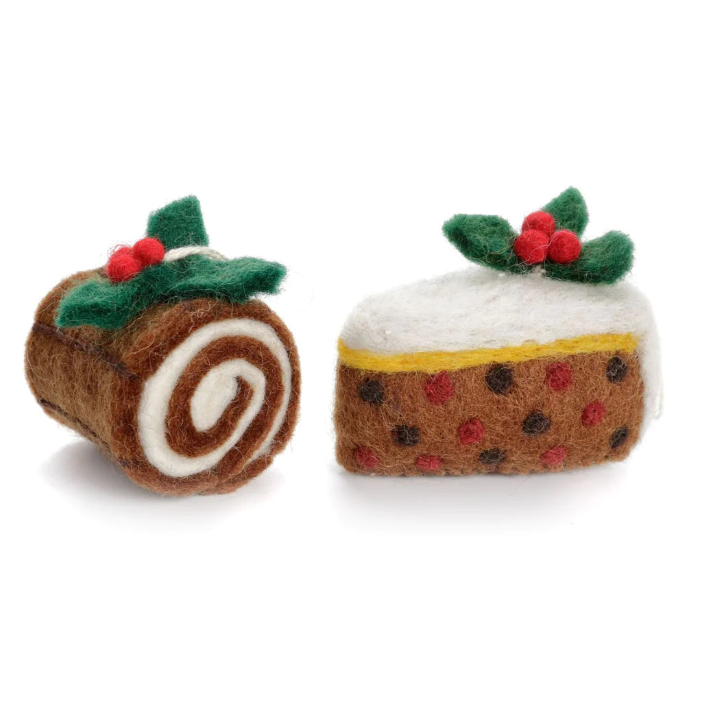 Christmas cake and yule log felt Christmas tree decoration with icing, holly, and berries