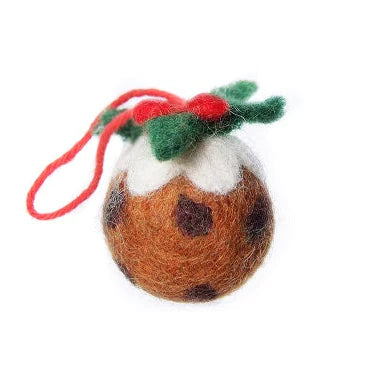 Wool felt brown Christmas pudding decoration with holly and frosting, complete with a red hanging loop.
