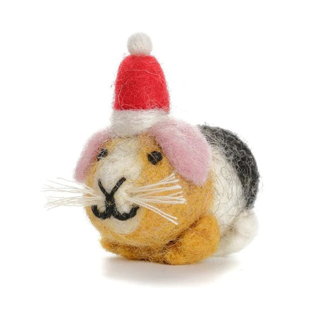 Wool felt decoration resembling a mini guinea pig with a red and white Santa hat on a white background