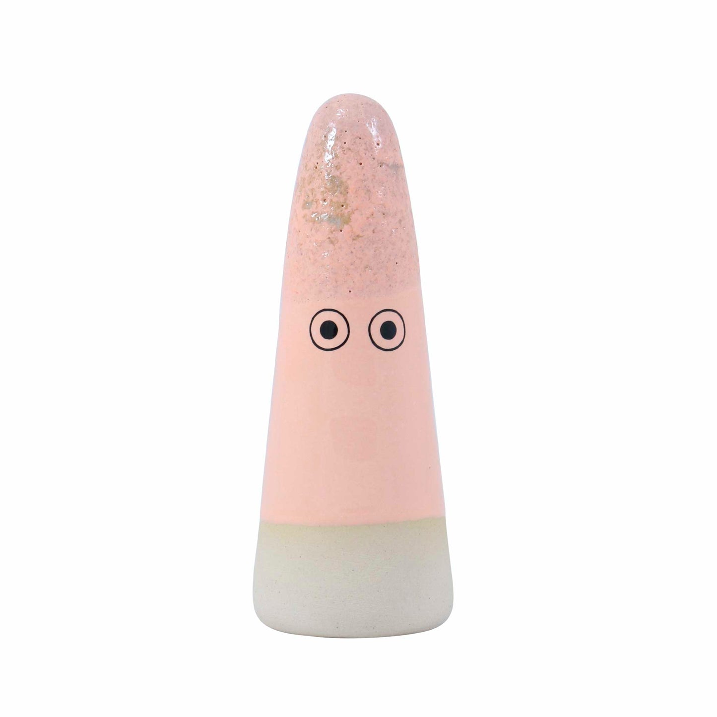 A cone-shaped ceramic figurine with hand-painted eyes