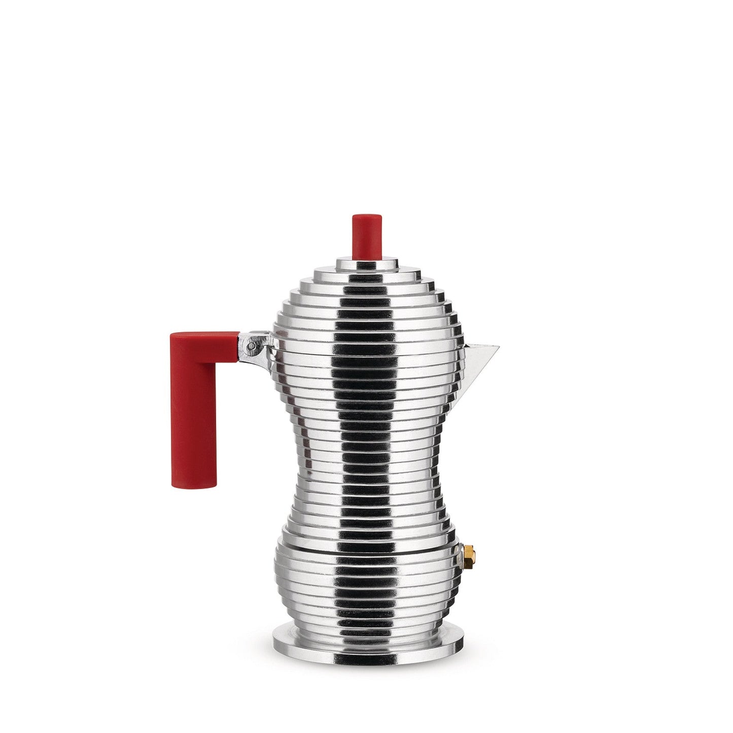 Silver and red coffee percolator on a white background