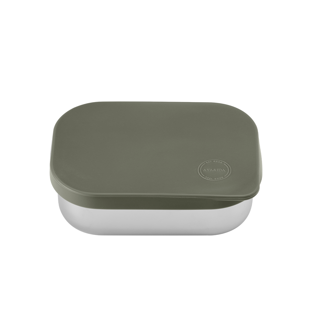 A square reusable lunch container with a matte olive green lid and a white container body, shown on a plain white background.