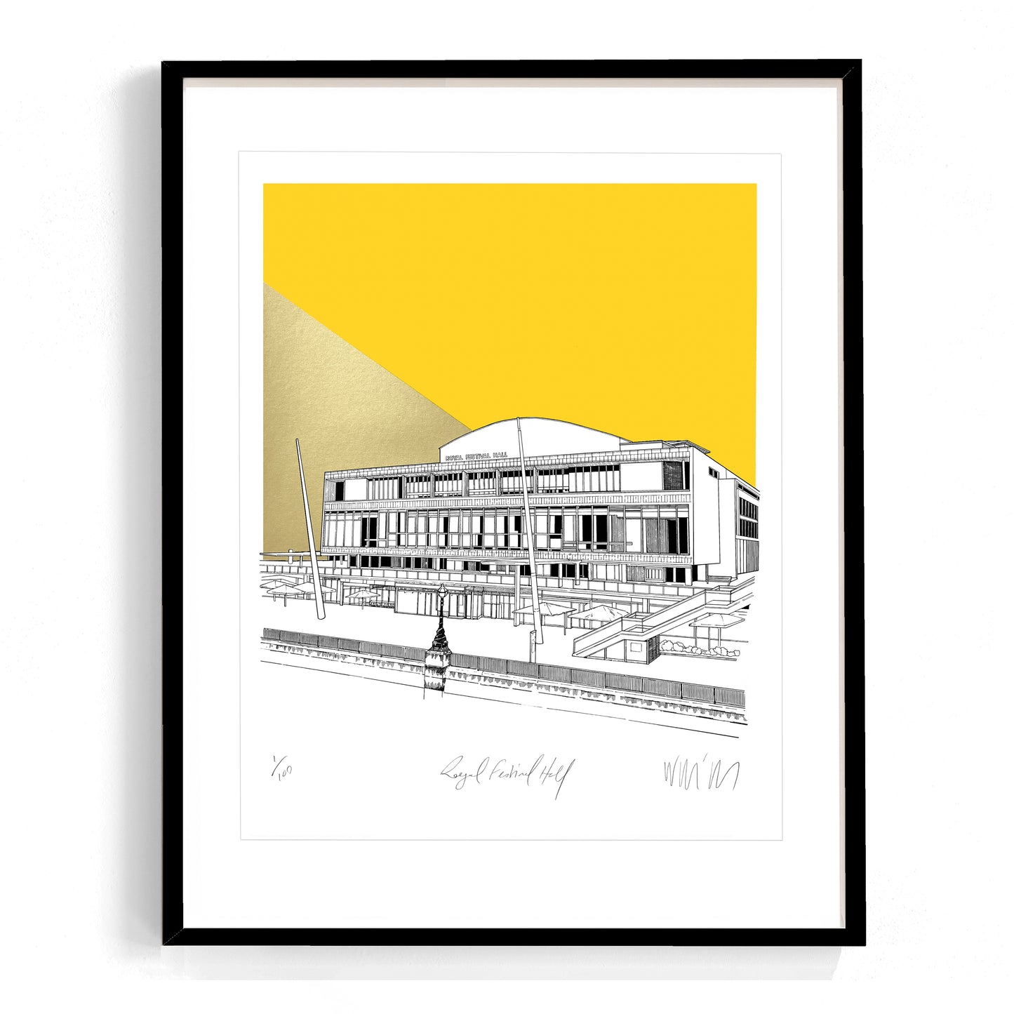 Framed architectural drawing of a building with a yellow background