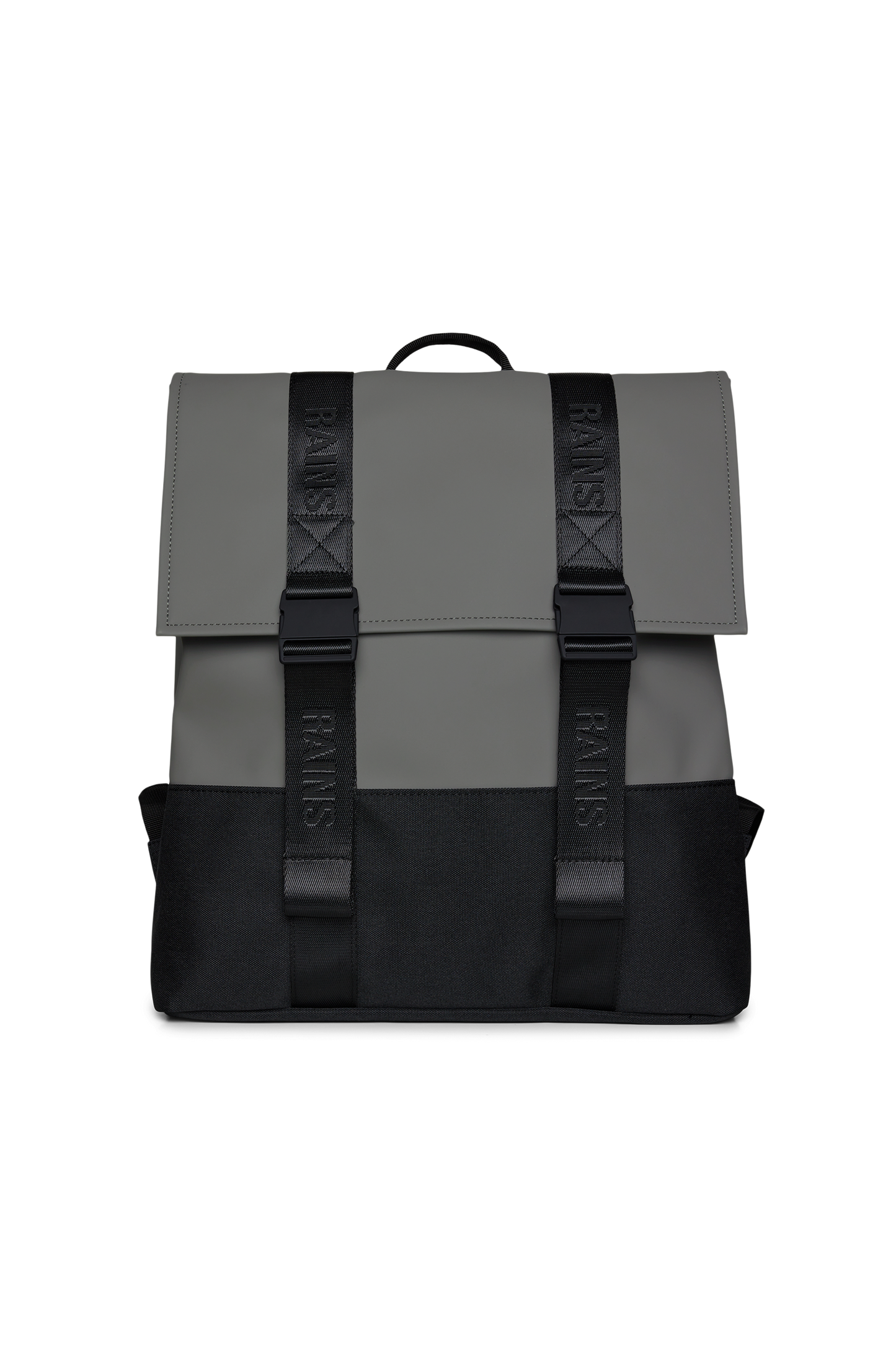 Rains square backpack, featuring two black straps along the front of the bag.