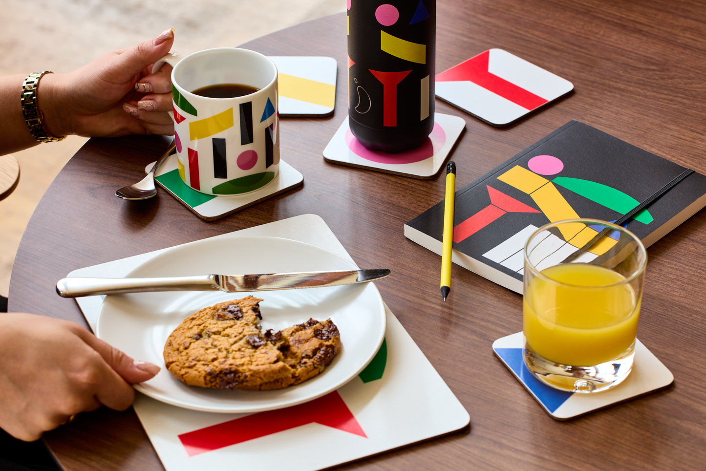 A range of Block Scene design products presented on a wooden table to showcase a breakfast scenario.