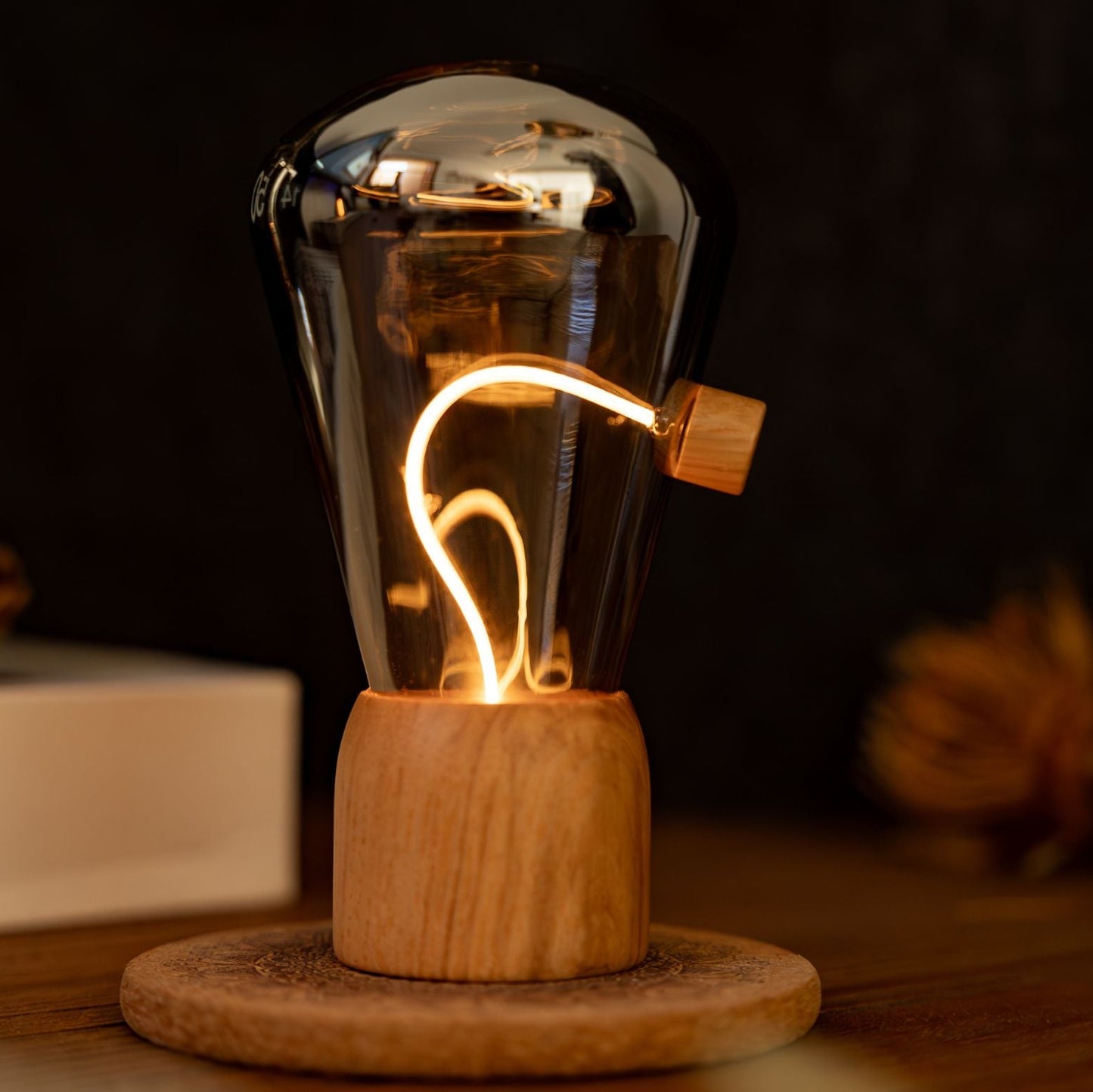 Wooden base light bulb lamp on a dark background