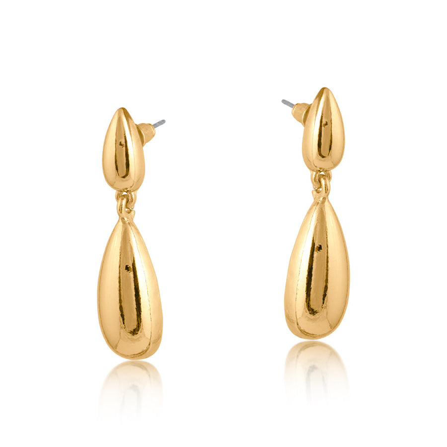 Gold teardrop earrings on a white background