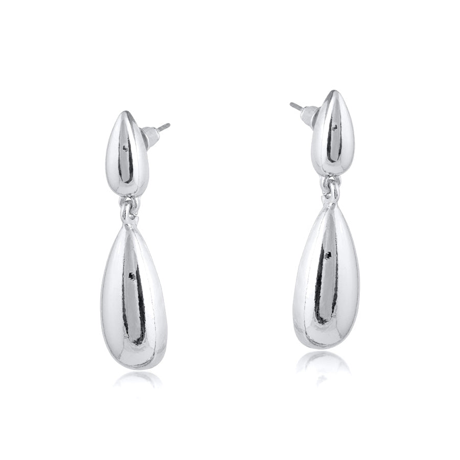 Pair of silver teardrop earrings on a white background