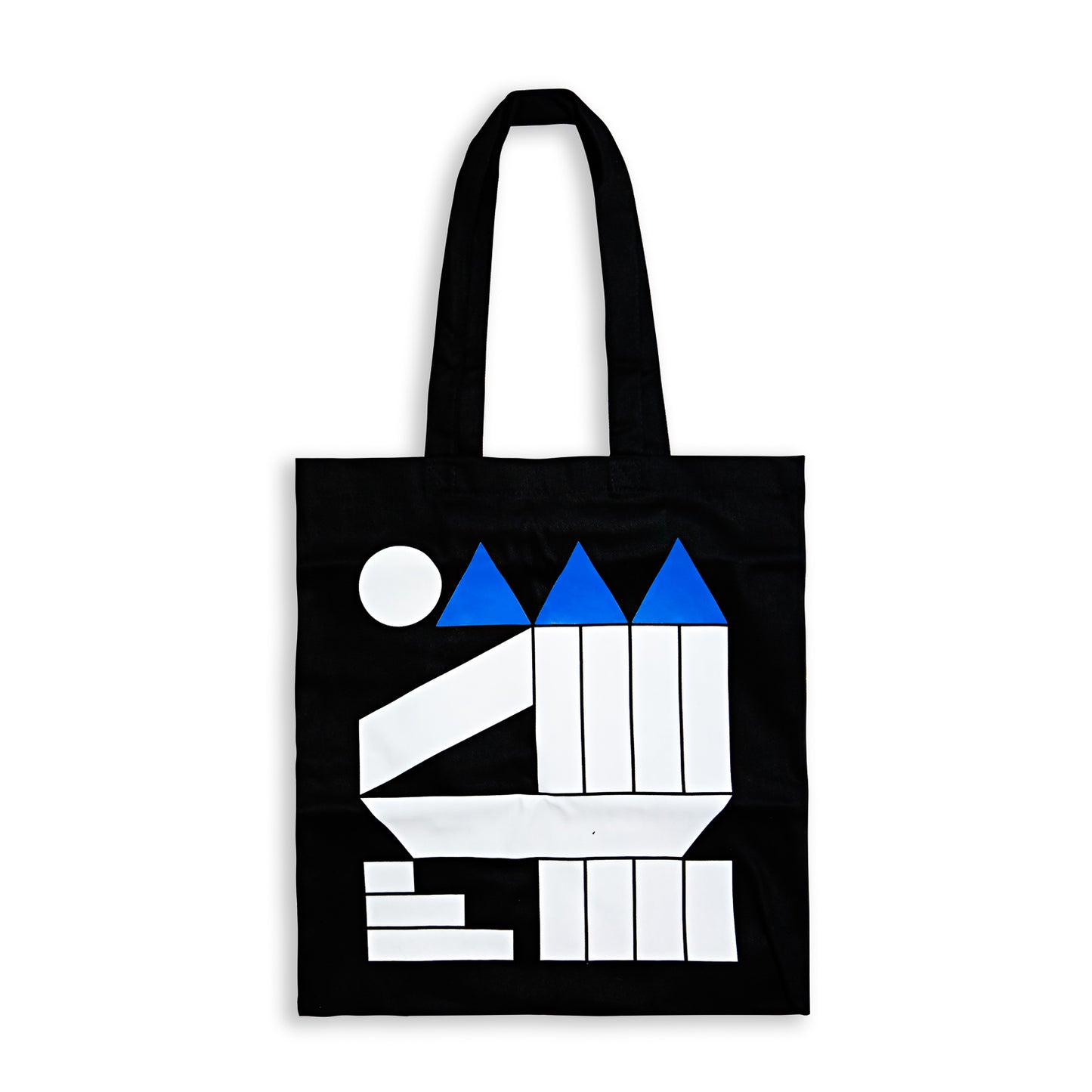 Hayward Gallery tote bag with geometric white and blue shapes