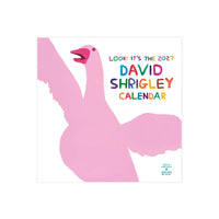 A square calendar cover for David Shrigley's 2027 calendar, featuring a stylized pink flamingo silhouette on a white background with colorful text reading 'LOOK! IT'S THE 2027 DAVID SHRIGLEY CALENDAR'.