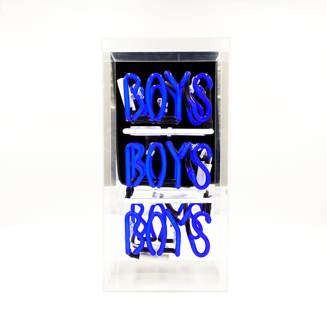 Neon sign with 'BOYS' text on a white background