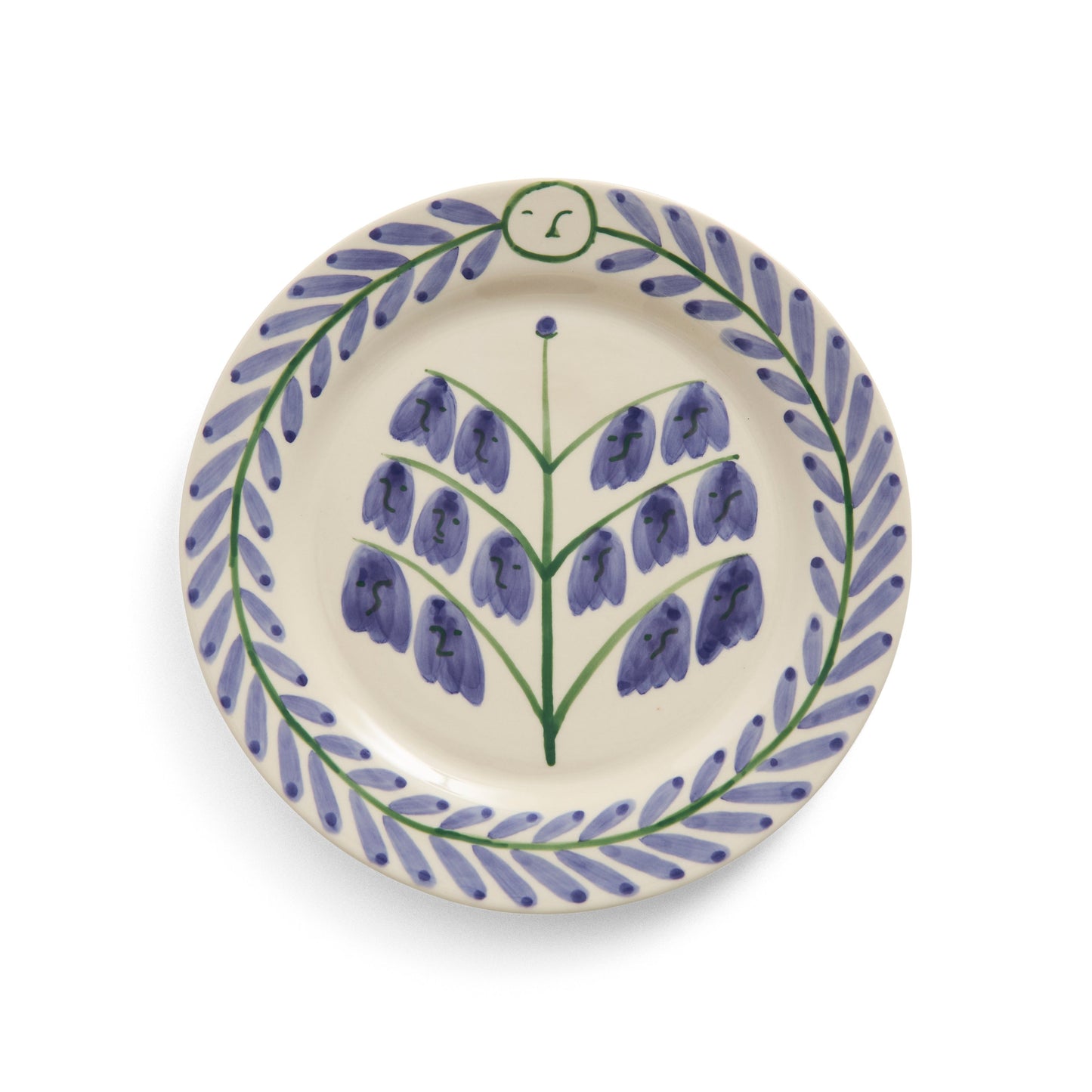 Ceramic plate with bluebell design on a white background