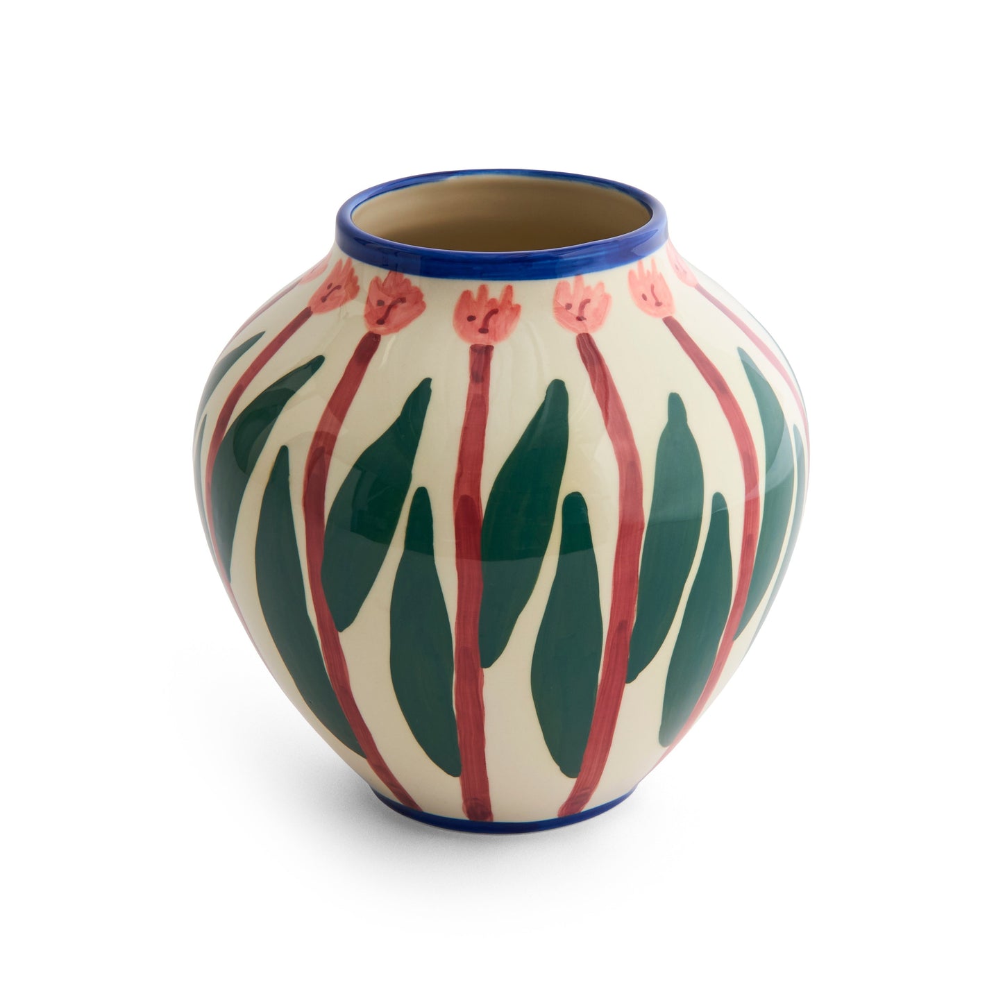 Ceramic vase with floral pattern on a white background