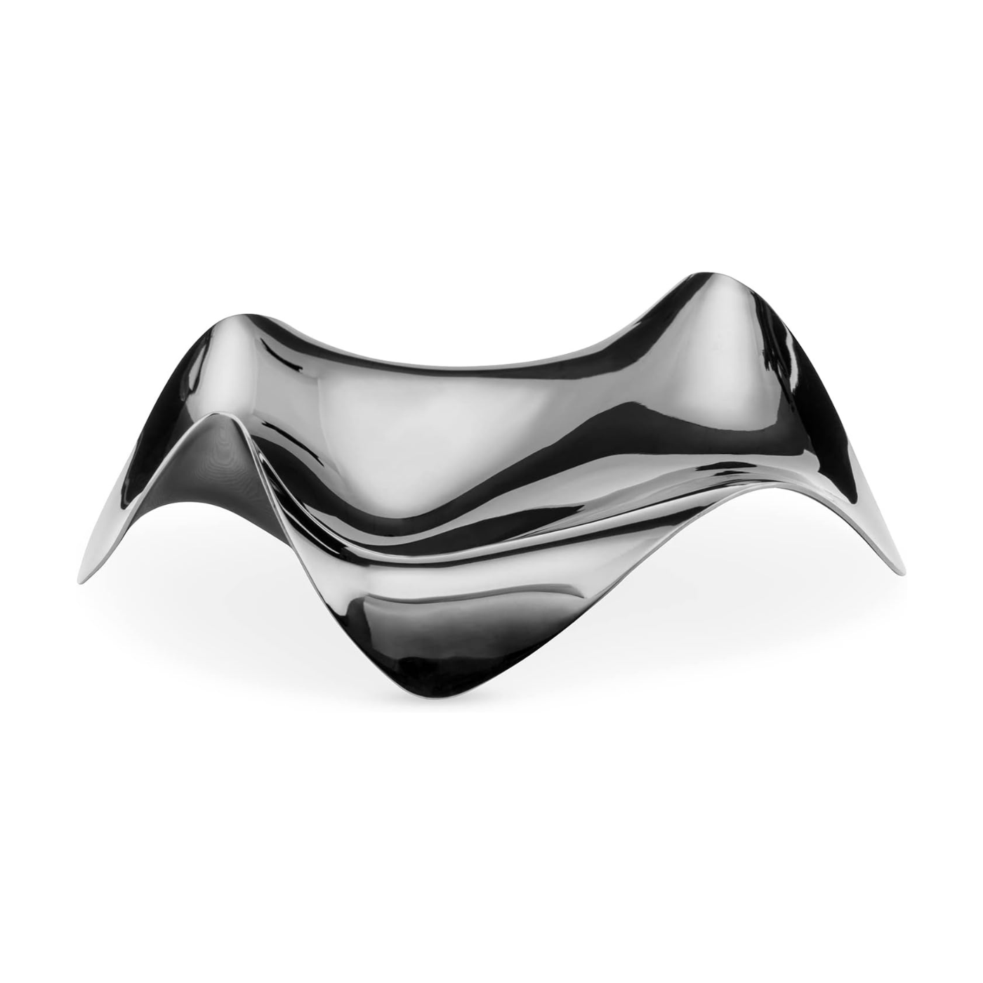 Silver spoon rest by Alessi with wavy design on a white background
