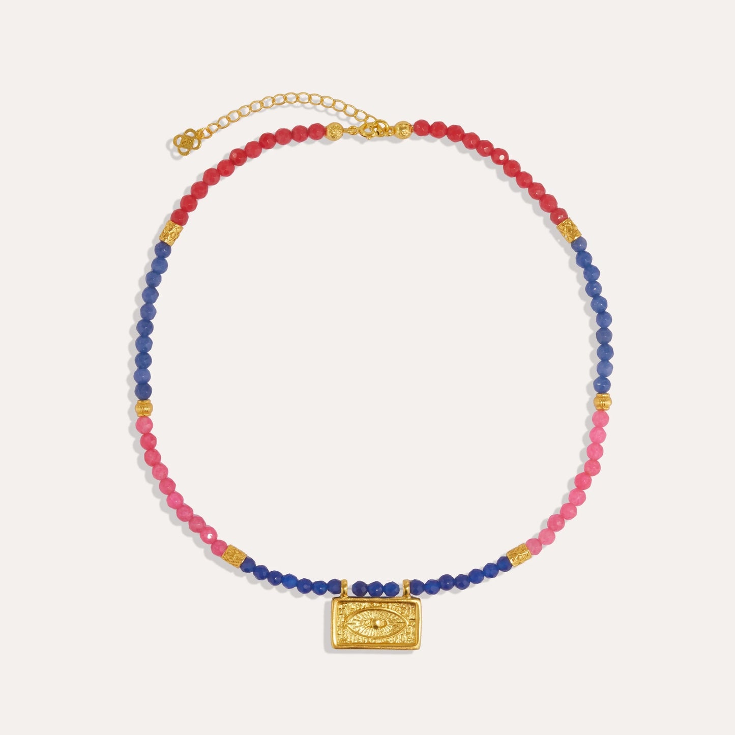 Necklace with colorful beads and a gold pendant on a white background
