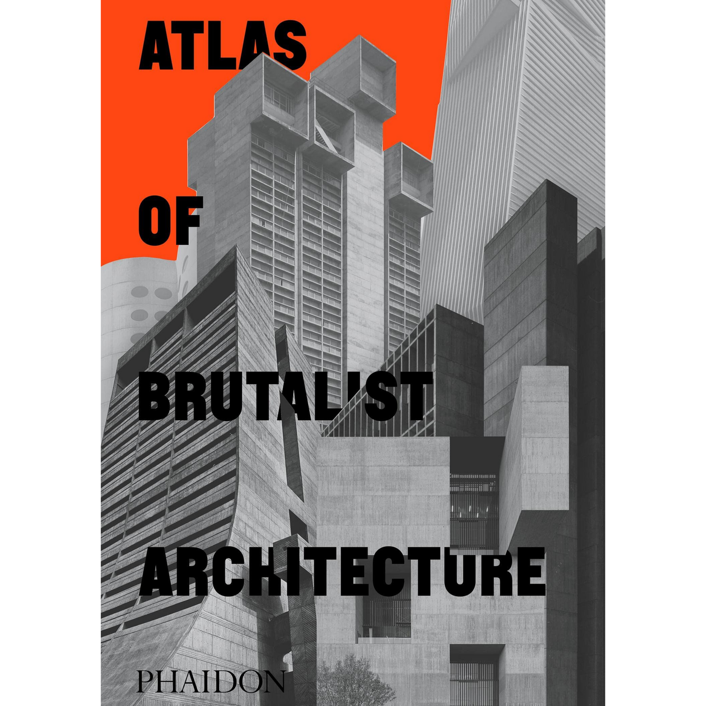 Atlas of Brutalist Architecture book front cover featuring overlapping brutalist grey buildings and a bright red background