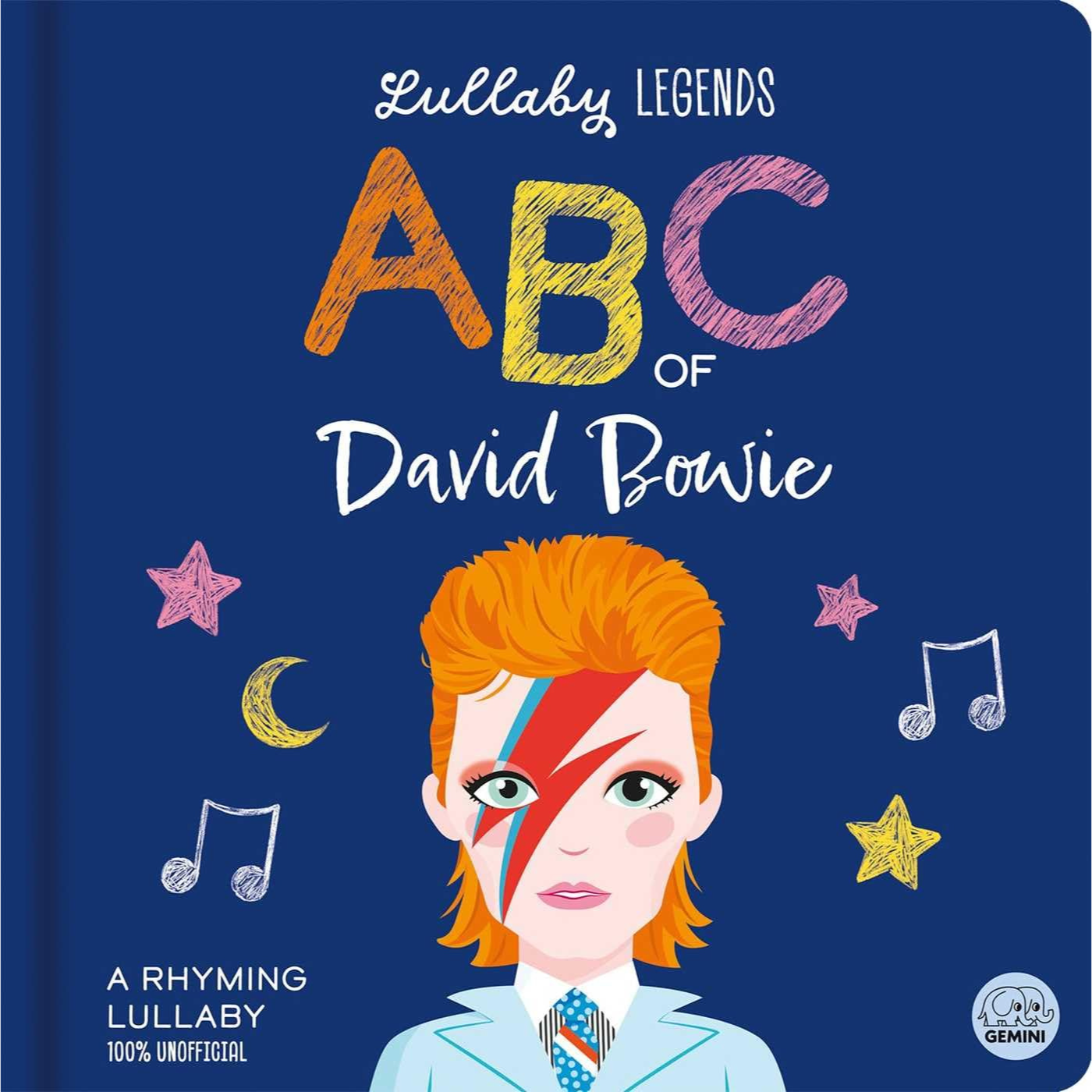 Book cover of 'Lullaby Legends ABC of David Bowie' with a portrait of David Bowie on a blue background.