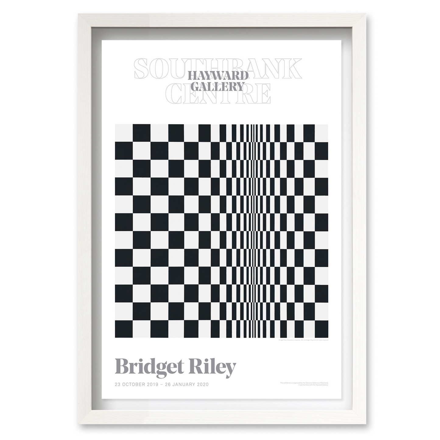 Bridget Riley poster "movement in squares" displayed in a white frame