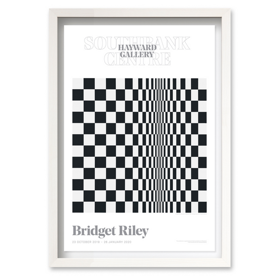 Bridget Riley poster "movement in squares" displayed in a white frame
