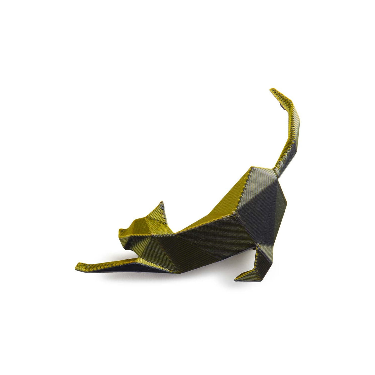 A gold 3-D printed brooch shaped like a cat stretching