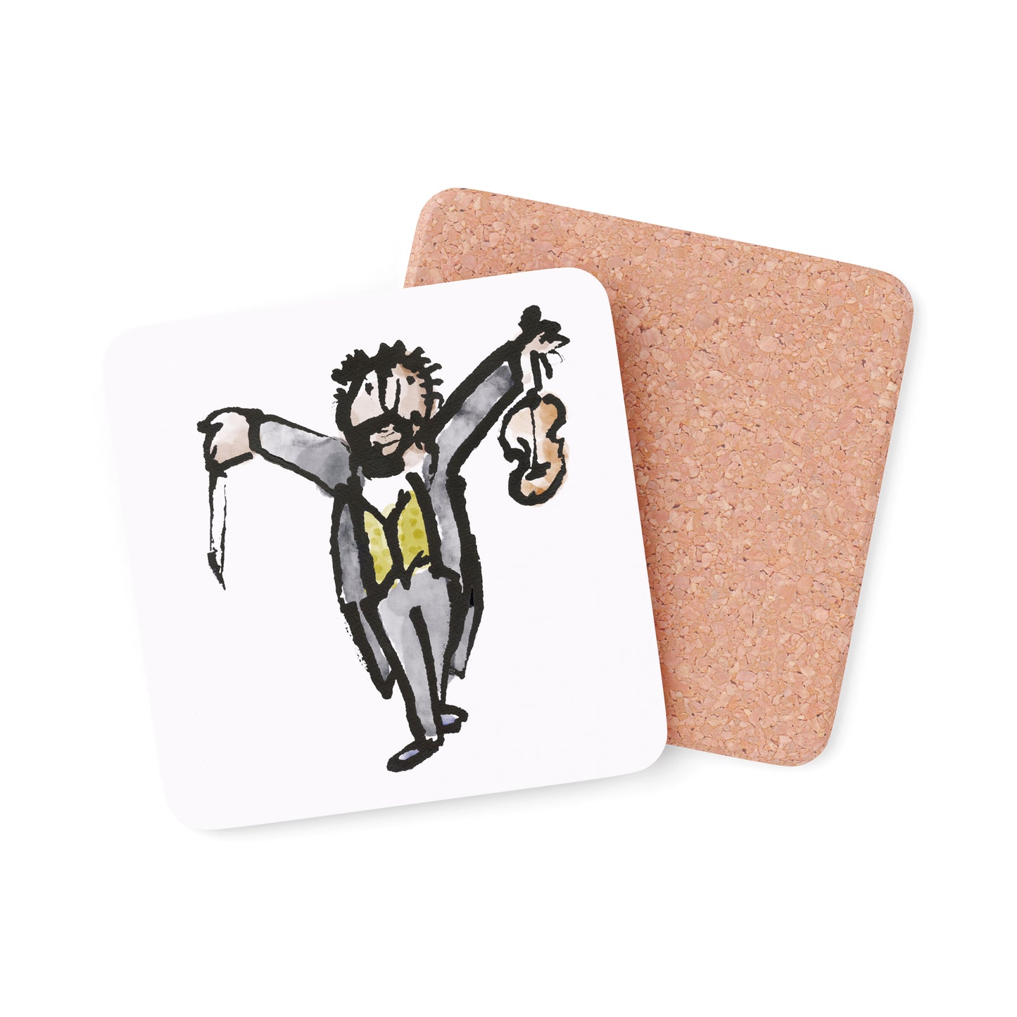 Coaster with a cork back featuring a hand-drawn illustration of a person in formal attire holding a violin.