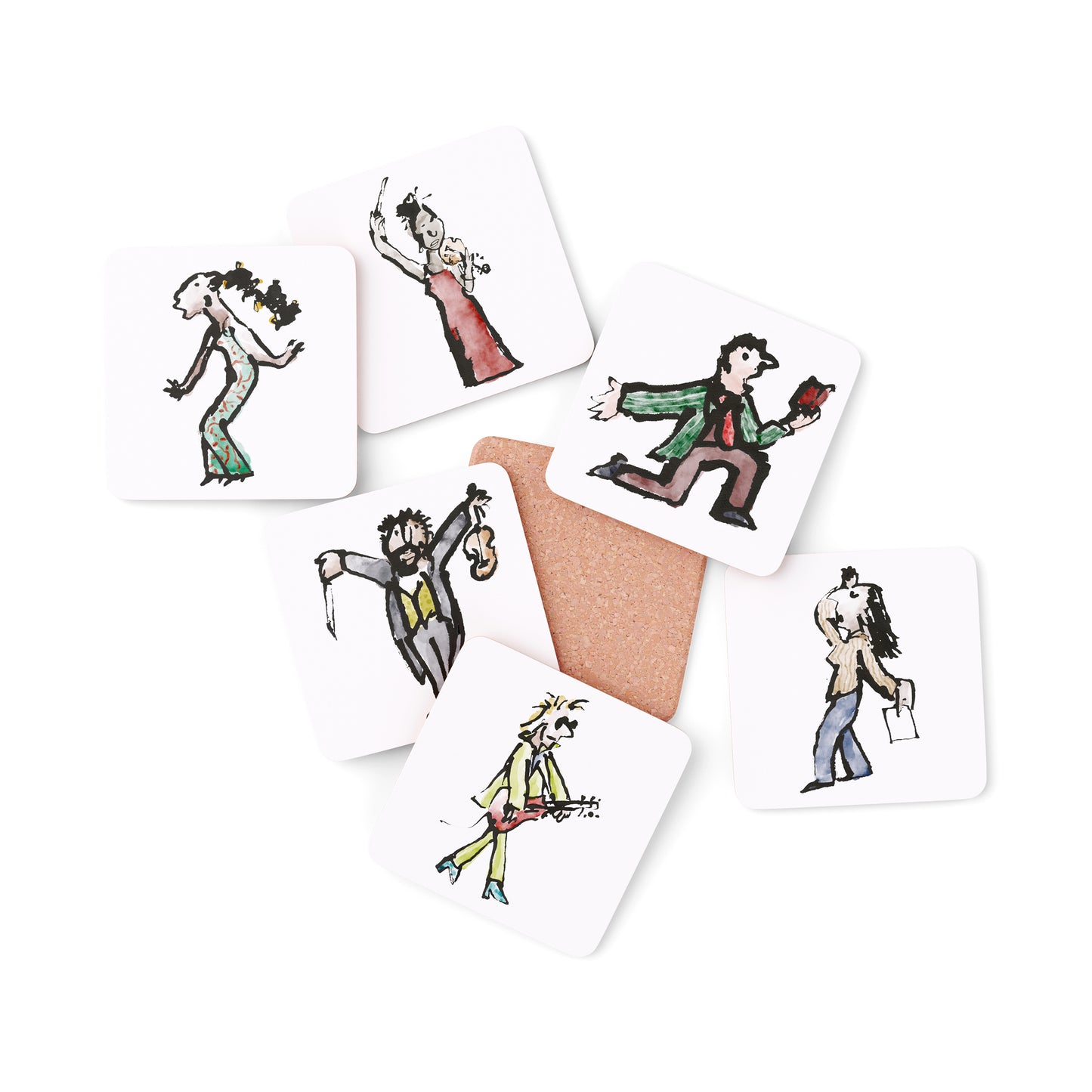 Set of illustrated coasters with cork backing of characters on a white background