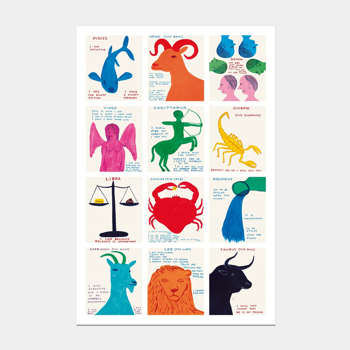 Colourful signs of the zodiac poster by David Shrigley on a white background