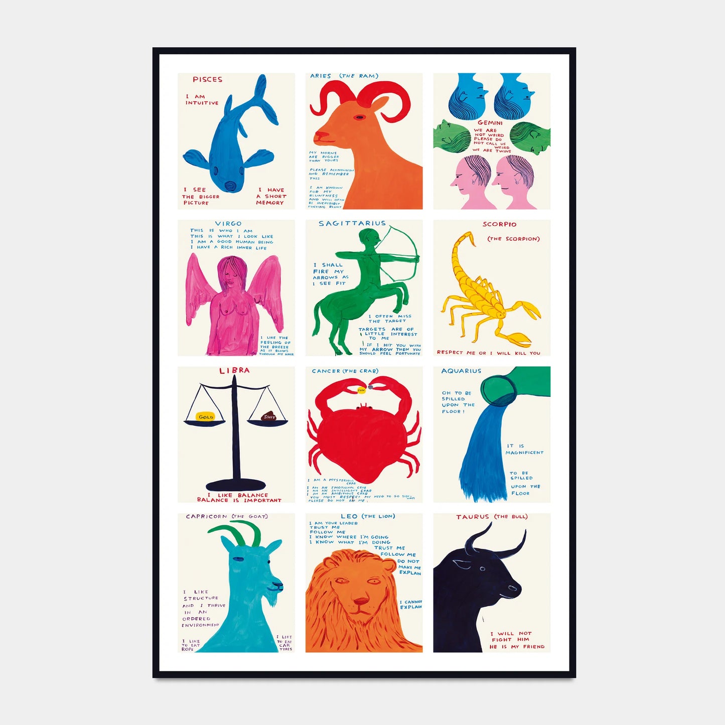 Colourful zodiac poster by David Shrigley with illustrations and text on a white background