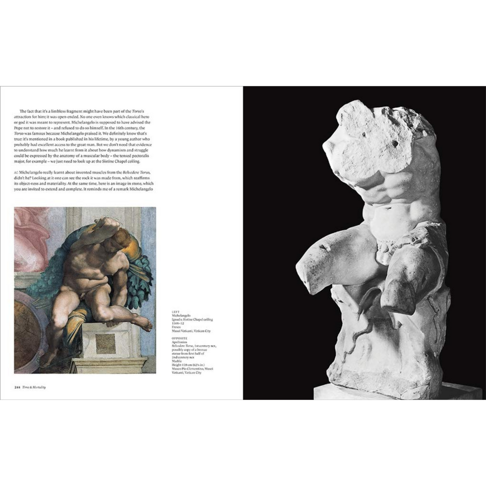 
                  
                    Internal double page spread with a classical painting and a sculpture that reflects it.
                  
                