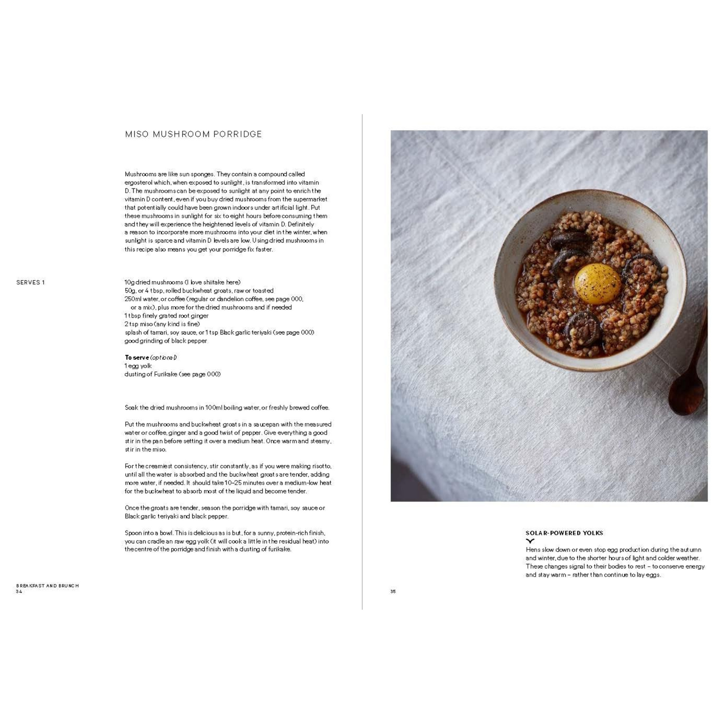 Internal pages with recipe on left page and full page photo of product on right page.