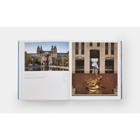 Internal double page spread with two photographs of KAWS character as a sculpture.