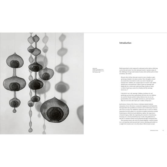 Internal double page spread with photo of several suspended wire sculptures.