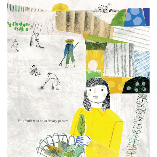 Internal page illustrated with Ruth walking through farmland, in a collage style.