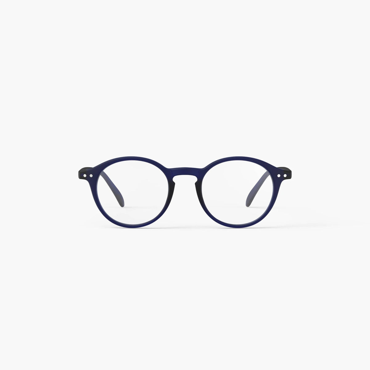 Round eyeglasses with a dark navy blue frame and clear lenses, shown from the front on a light gray background.