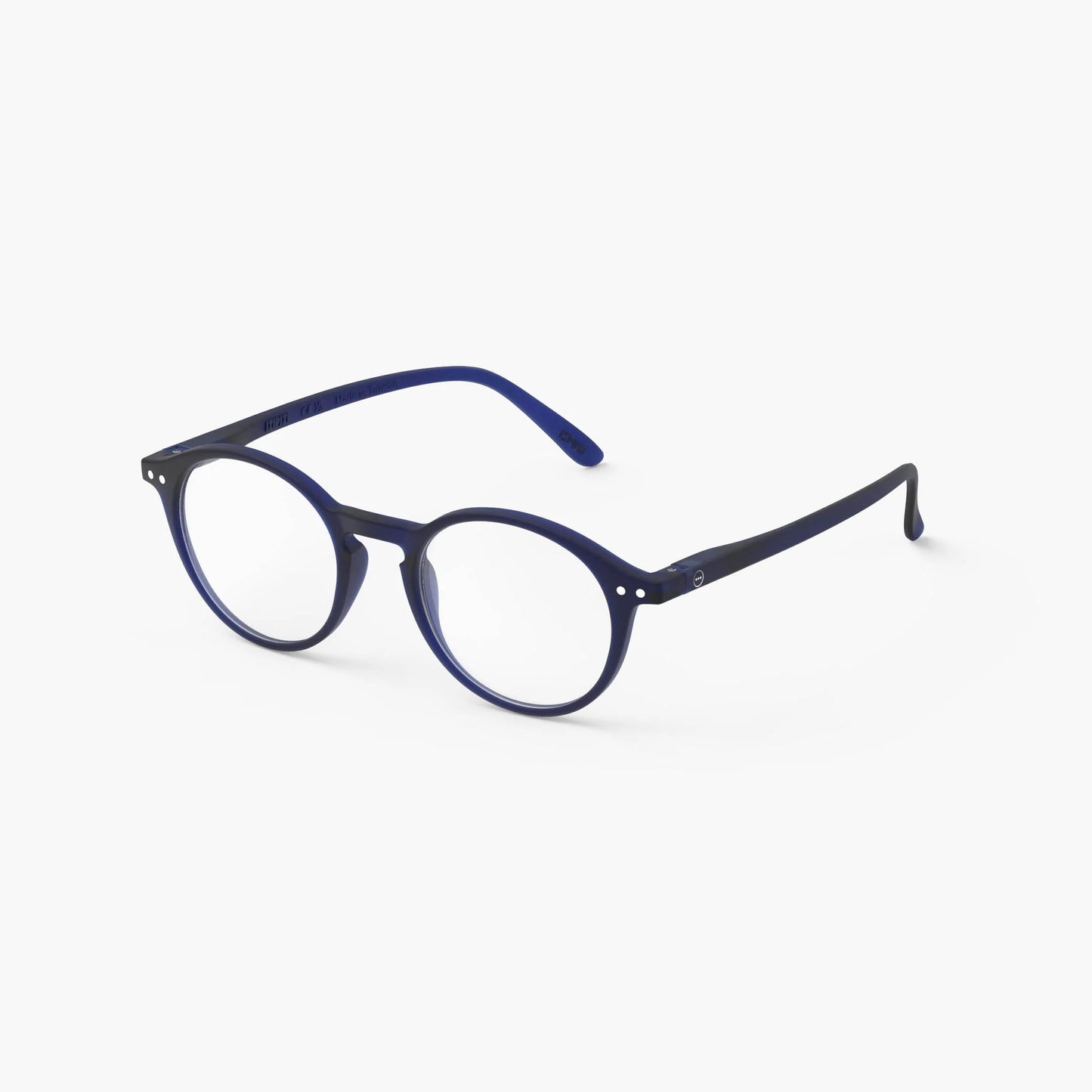 Navy blue eyeglasses on a white background
