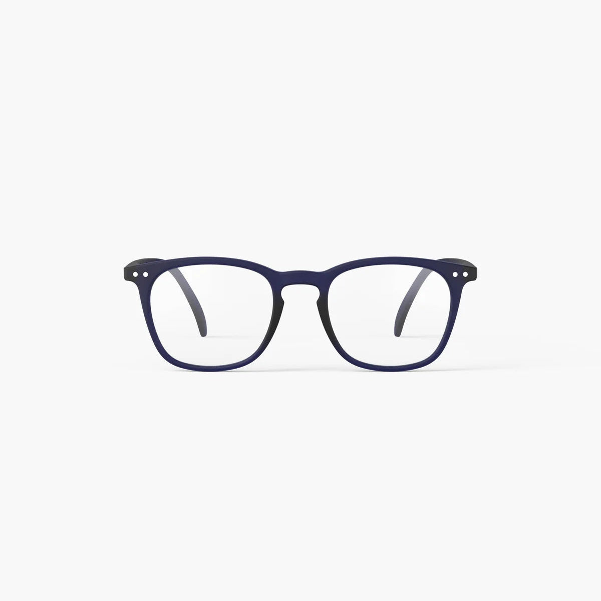 A pair of square-frame eyeglasses with a dark navy blue acetate frame and clear lenses, shown against a plain white background.