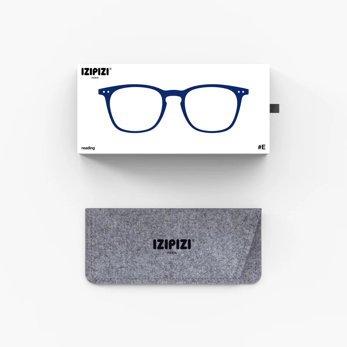 Izipizi eyeglasses packaging and a grey felt glasses case on a clean white background.