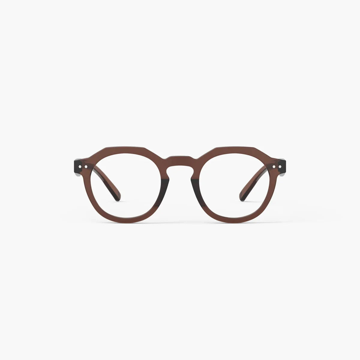 Round eyeglasses with a translucent dark brown acetate frame and black temple tips, shown from the front on a light gray background.