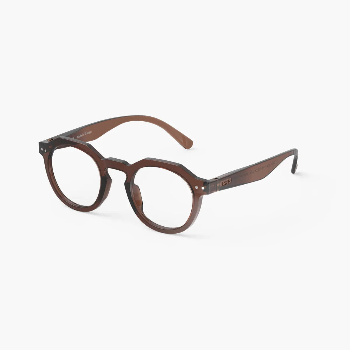 Round eyeglasses with translucent dark brown acetate frames and clear lenses, shown at an angle on a light gray background.