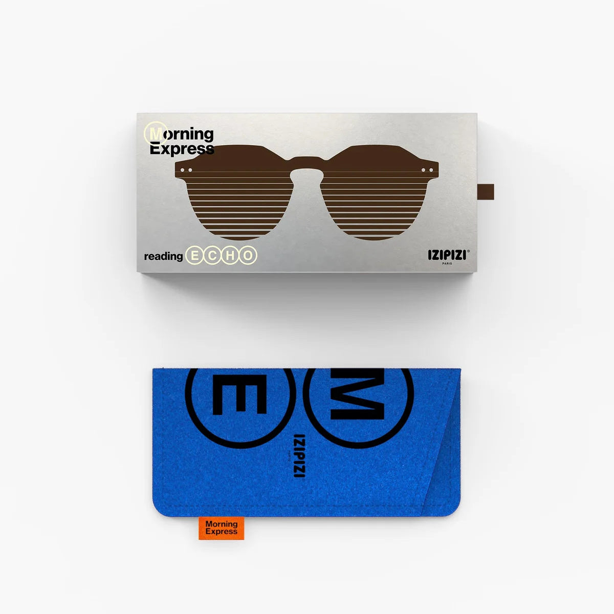 Reading glasses by the brand izipzi in a stylised brown frame design, a bright blue fabric pouch with black lettering, and a small orange tag.