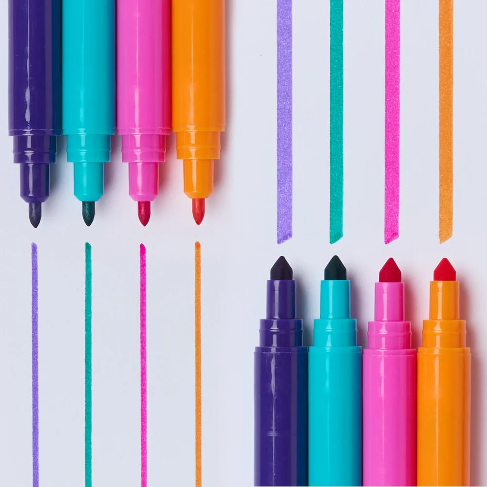 Five colorful dual-tip marker pens in purple, teal, pink, orange, and red are arranged on a white background with vertical color swatches above and below them.