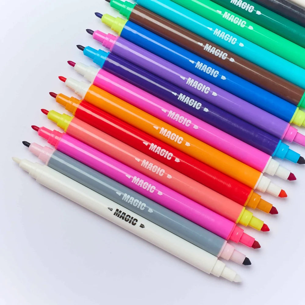 Assorted colorful markers with 'MAGIC' branding on a white background