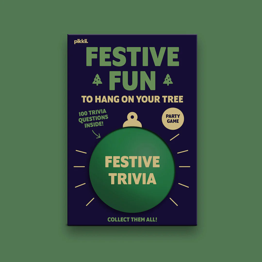 Festive trivia game packaging with green and purple design on a green background