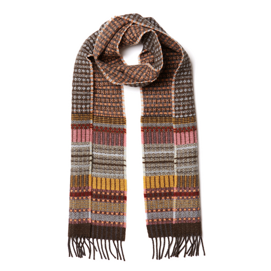 striped and block check merino wool scarf in brown pink and yellow.